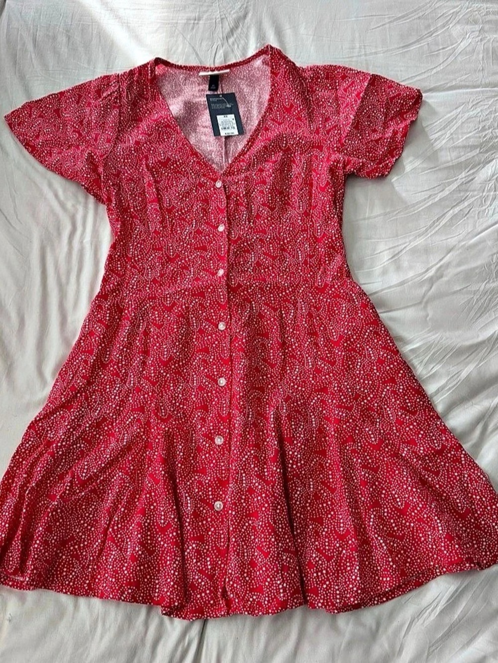 Universal Thread Short Sleeve Button-Front Mini A-Line Dress Red & White XS